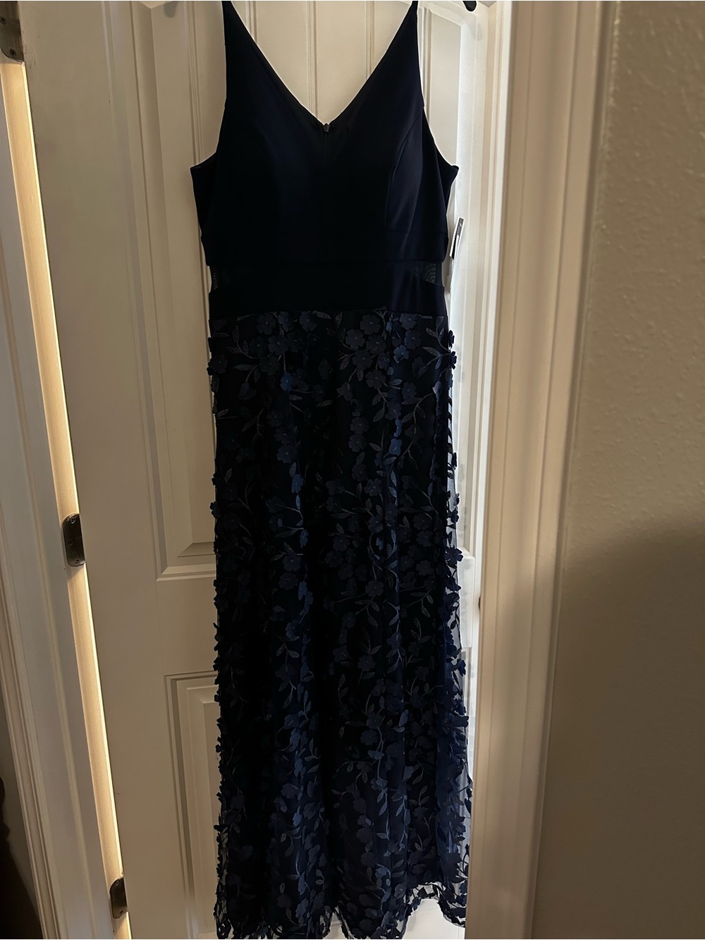 Xscape Navy Blue Floral Appliqué Evening Gown
